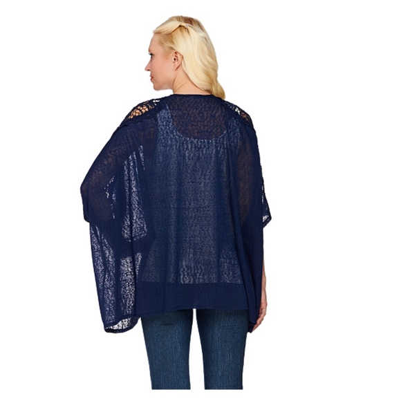 Tashon Navy Blue Lace Shoulder Kimono Open Front Cardigan Shrug Bolero Missy OS - Picture 2 of 7